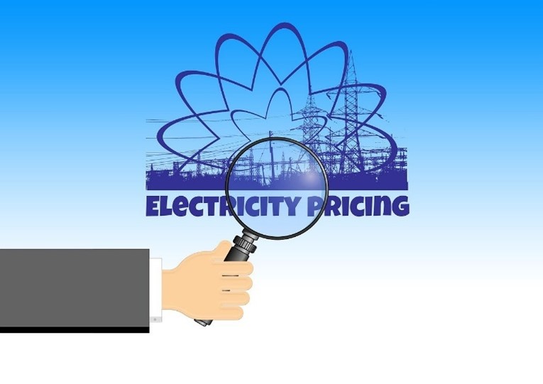 Animated image of a hand holding a magnifying glass over the phrase ‘Electricity Pricing,’ with an electrical grid in the background.